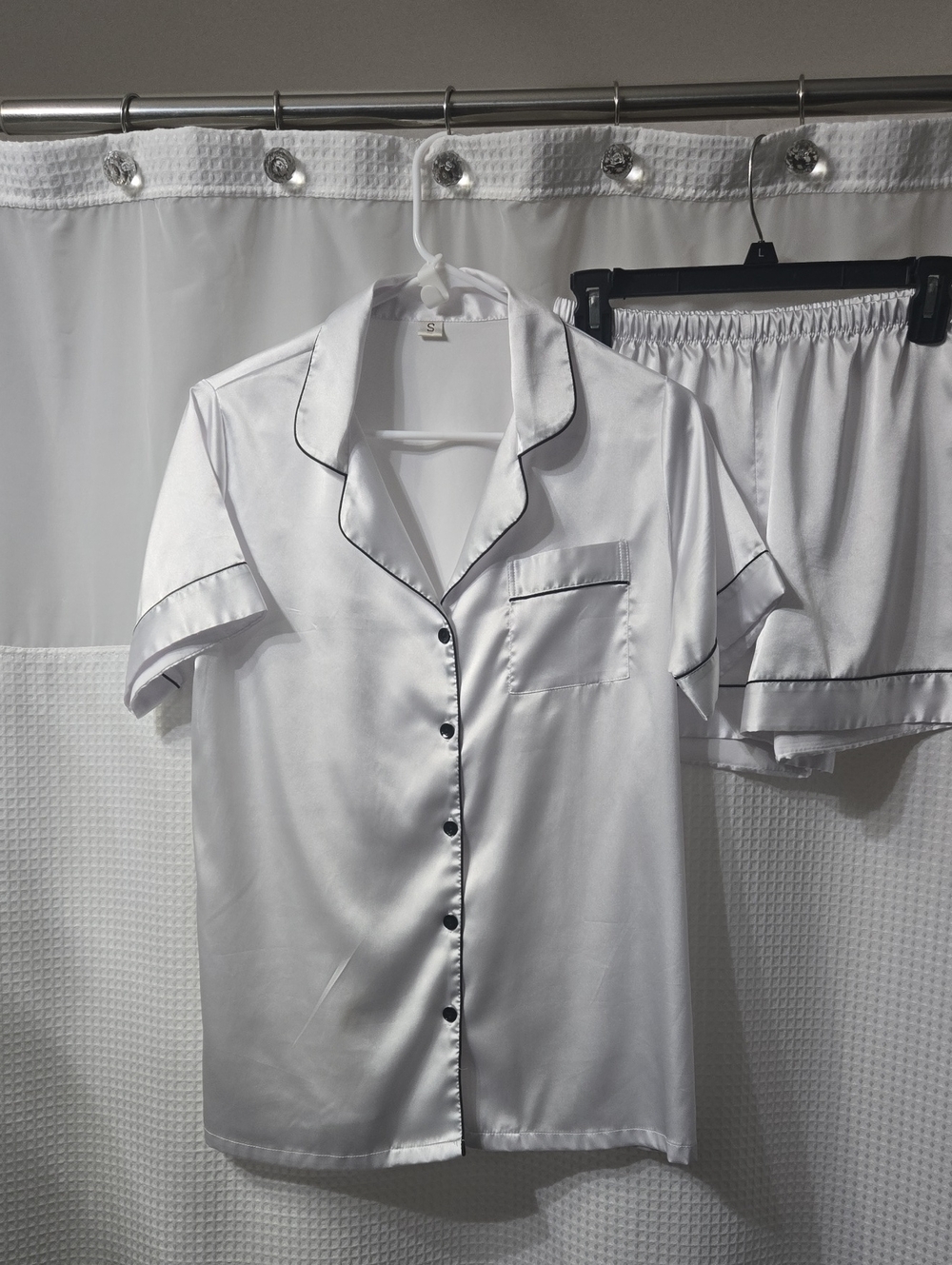 Women's Satin Short Sleeve Pajama Set - White with Black Piping